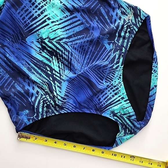Speedo One Piece Swimsuit Abstract Foliage Turquoise Blue Cross Straps Sz 16 - Picture 10 of 12